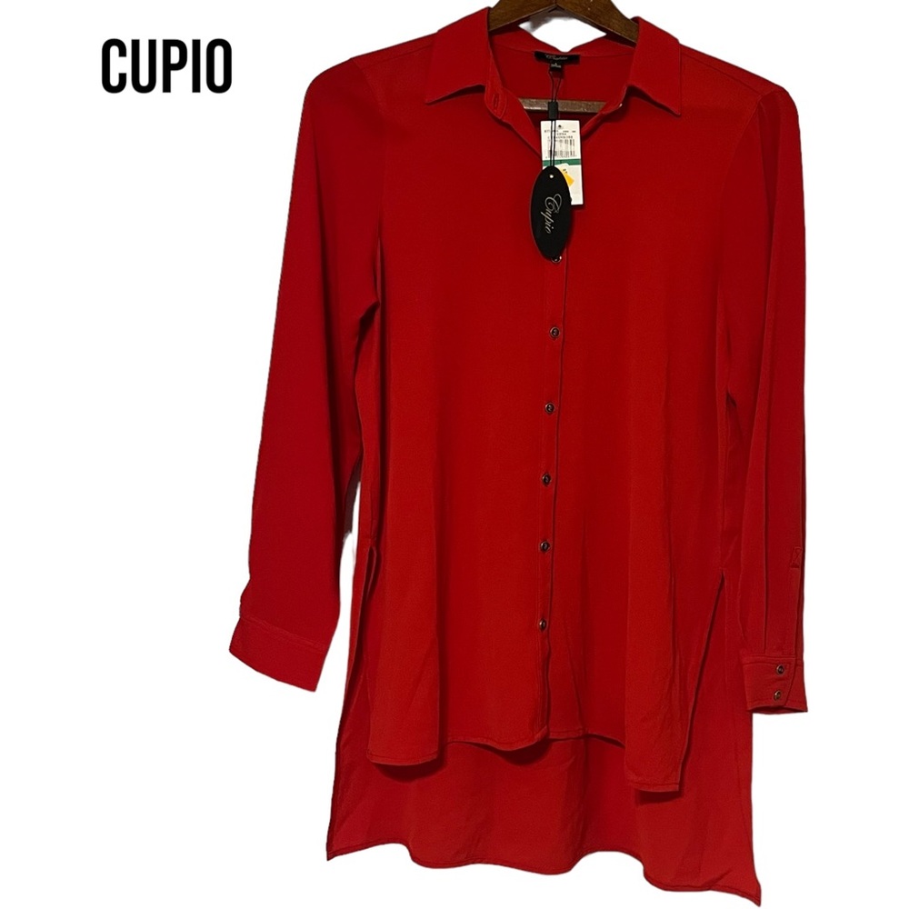 Cupio Red Button-Front Long Sleeve Tunic Blouse